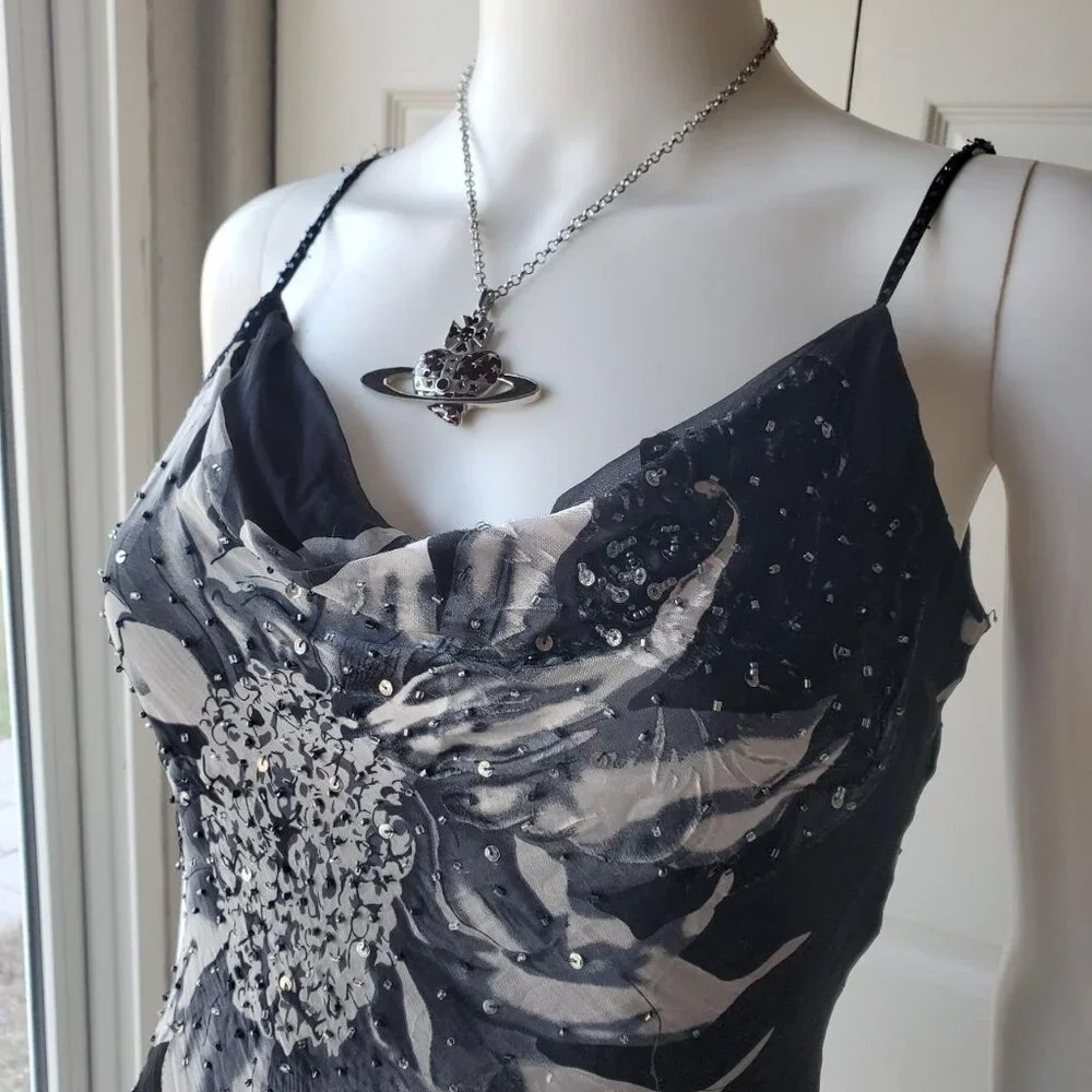 Cache Silk Blend Sleeveless Midi Beaded Dress Asymmetrical Hem - Picture 5 of 10